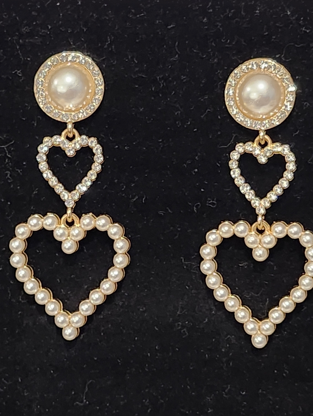 Gold Tone Pearl & Crystal Heart Drop Earrings